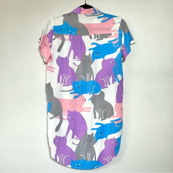 Pastel Cat Print Short Sleeve Collared Button Down Tunic/Shirt Dress Sz. S - Picture 10 of 12